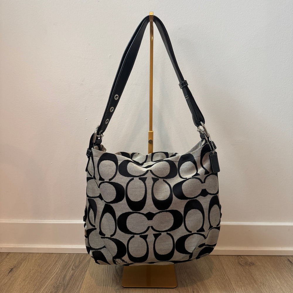 Y2K Coach Signature Slouchy Hobo Bag Black Gray Canvas Leather Shoulder Bag